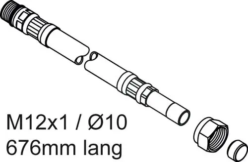 Produktansicht eines flexiblen Schlauchs von Ideal Standard. Darstellung in technischer Zeichnung mit Maßstab und Anschlussdetails.